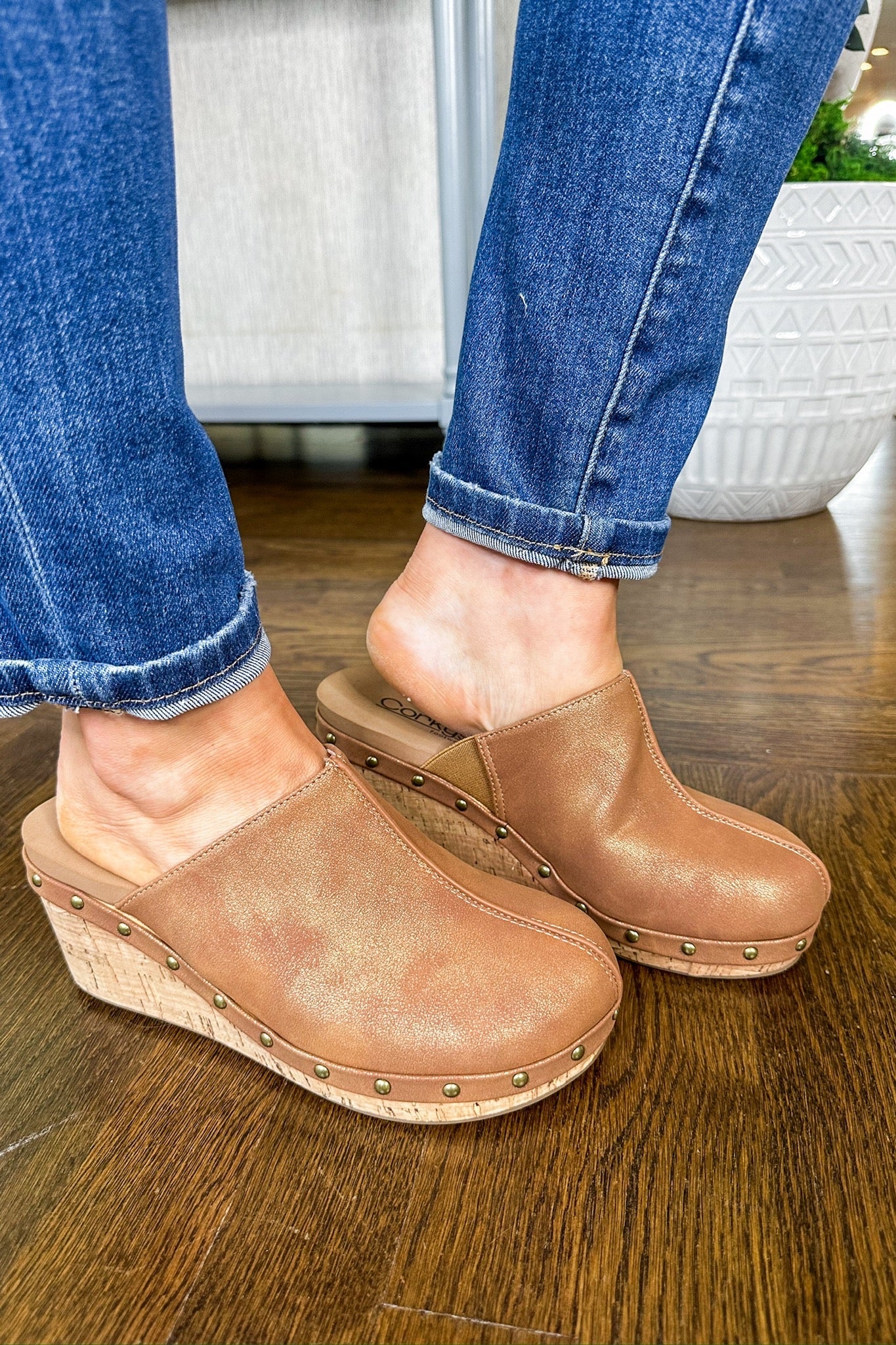 The Marley Faux Leather Clog Corkys Wedge in Antique Bronze