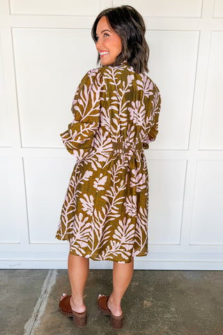 Fern Frond Print Dress in Olive