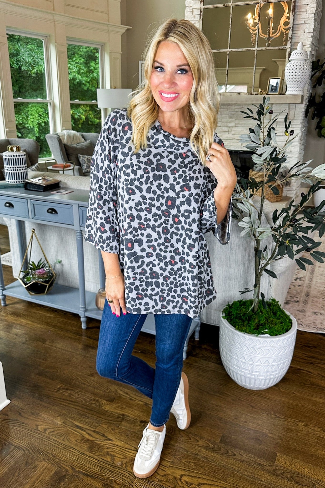 Soft Cowl Neck Leopard Print Three Quarter Sleeve Top in Charcoal