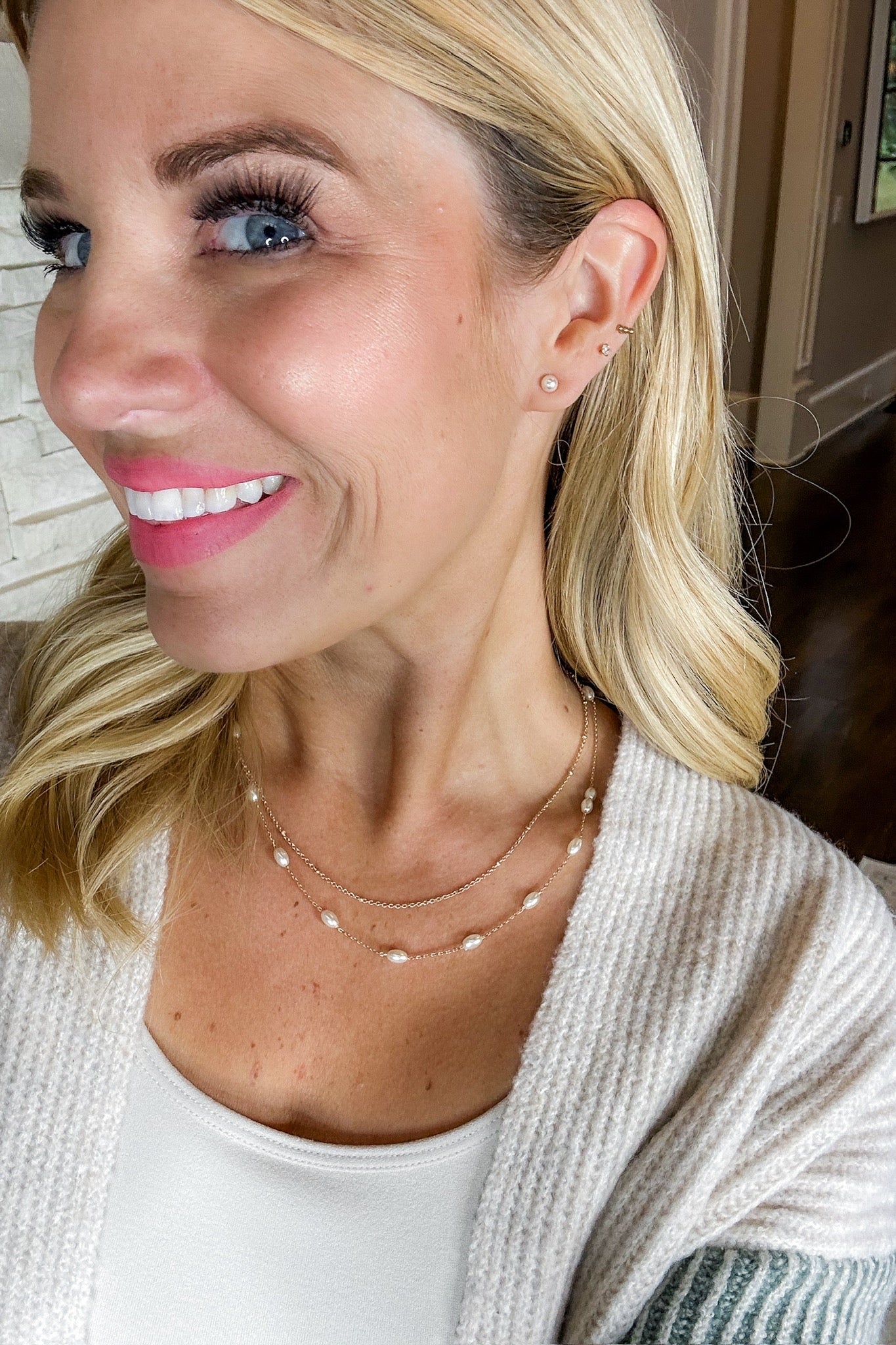 Layered Gold Chain Pearl Necklace & Mini Pearl Stud Set