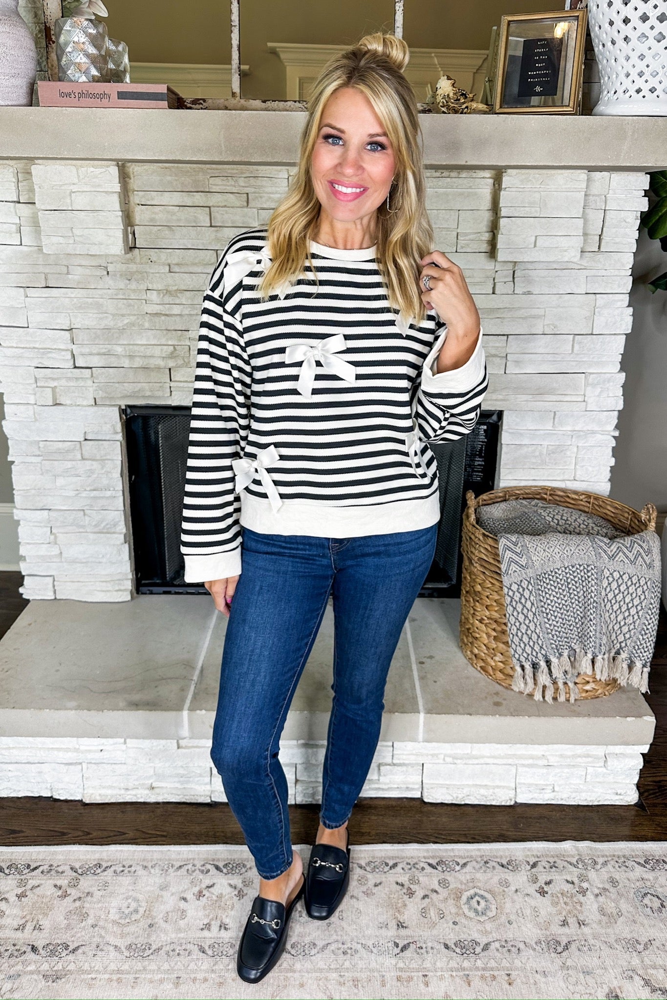 Striped Satin Ribbon Bow Long Sleeve Top in Black & Cream