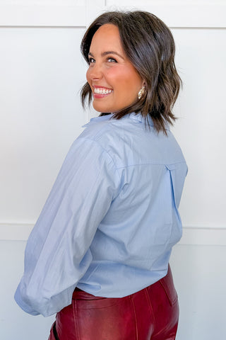 Perfectly Polished Tie Front Button Down Top in Blue