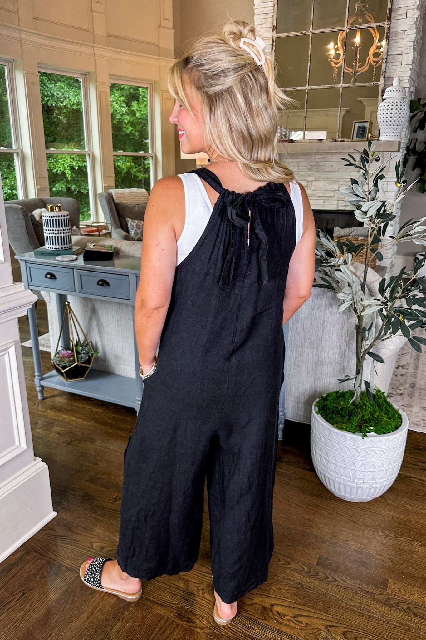 Adjustable V Neck Wood Button Detail Linen Jumpsuit in Black