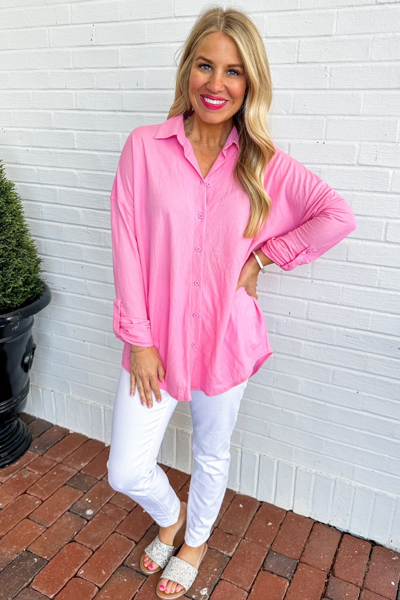 Button Up Collared Rolled Sleeve Pink Top