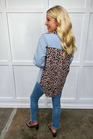 Sky Blue & Cheetah Print Button Down Striped Top