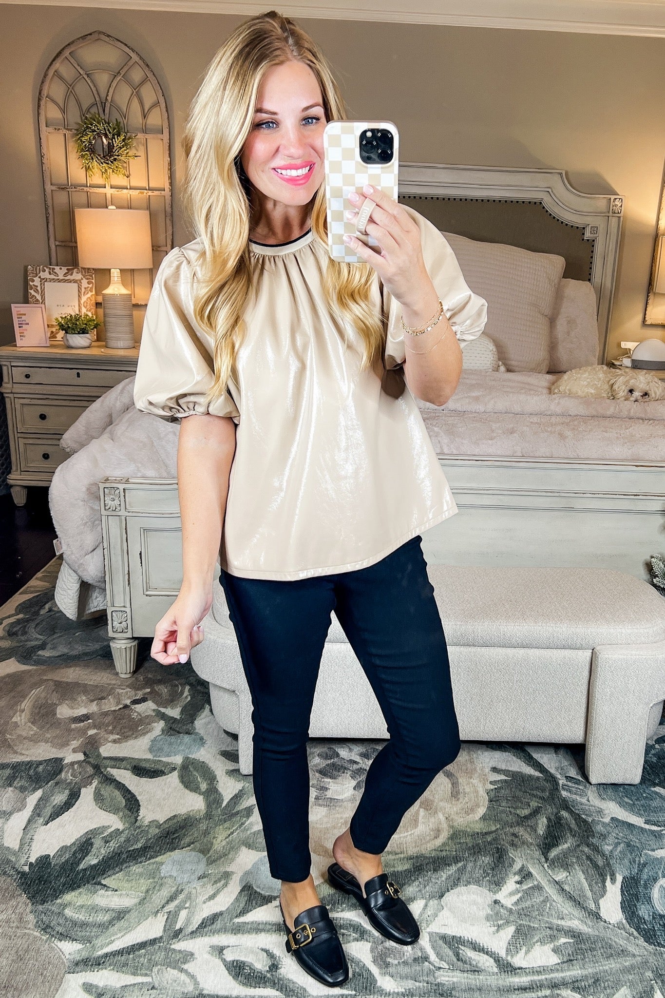 Pleather Puff Sleeve Neutral Top by THML