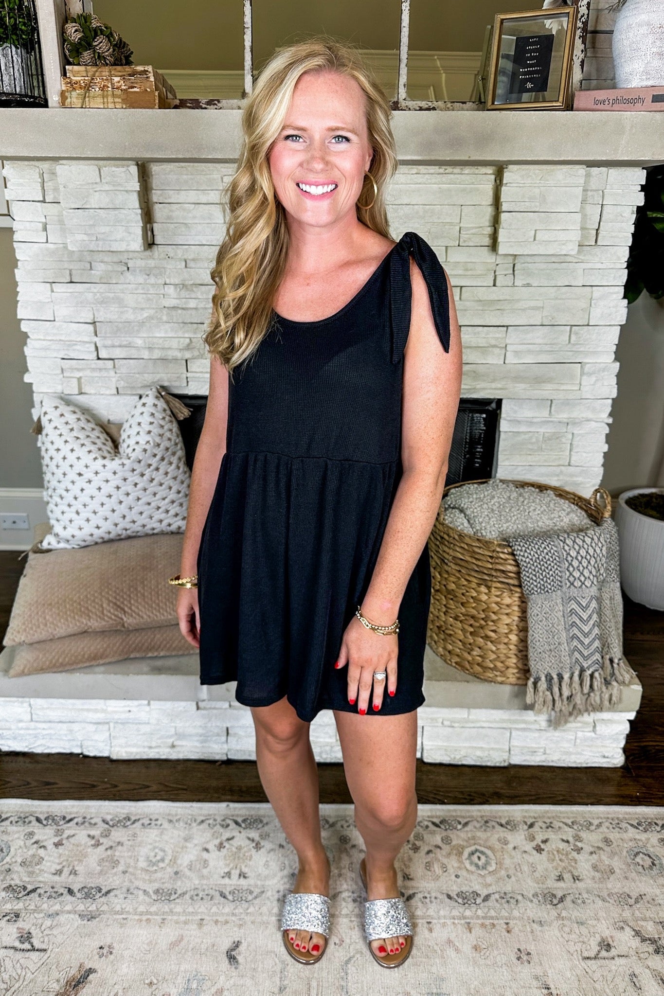 Tie Shoulder Textured Pocketed Black Romper