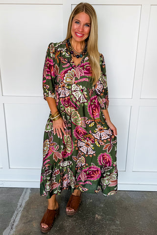 Talk Of The Town Paisley Midi Dress in Olive