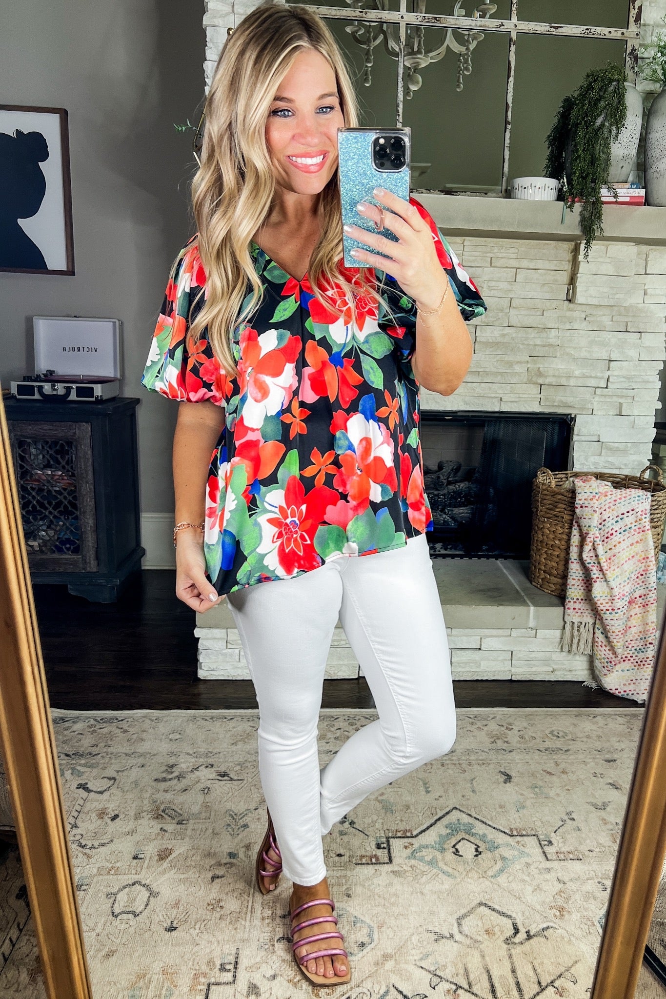 Floral V Neck Bubble Sleeve Top