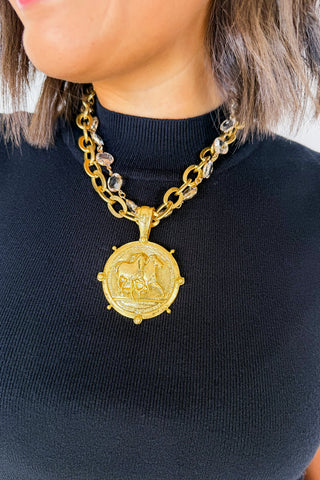 Roman Coin Layered Necklace in Gold & Crystal