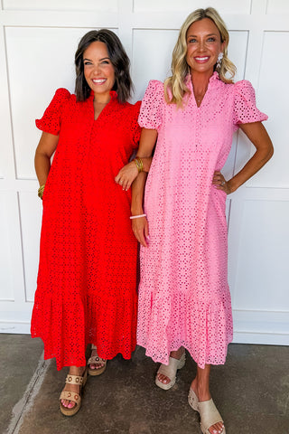 The Meredith Eyelet Midi Dress in Pink
