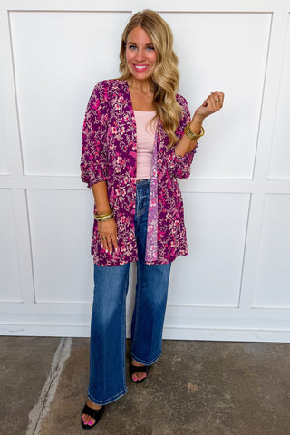Dear Scarlett Lizzy Gather Sleeve Cardigan in Wine Floral
