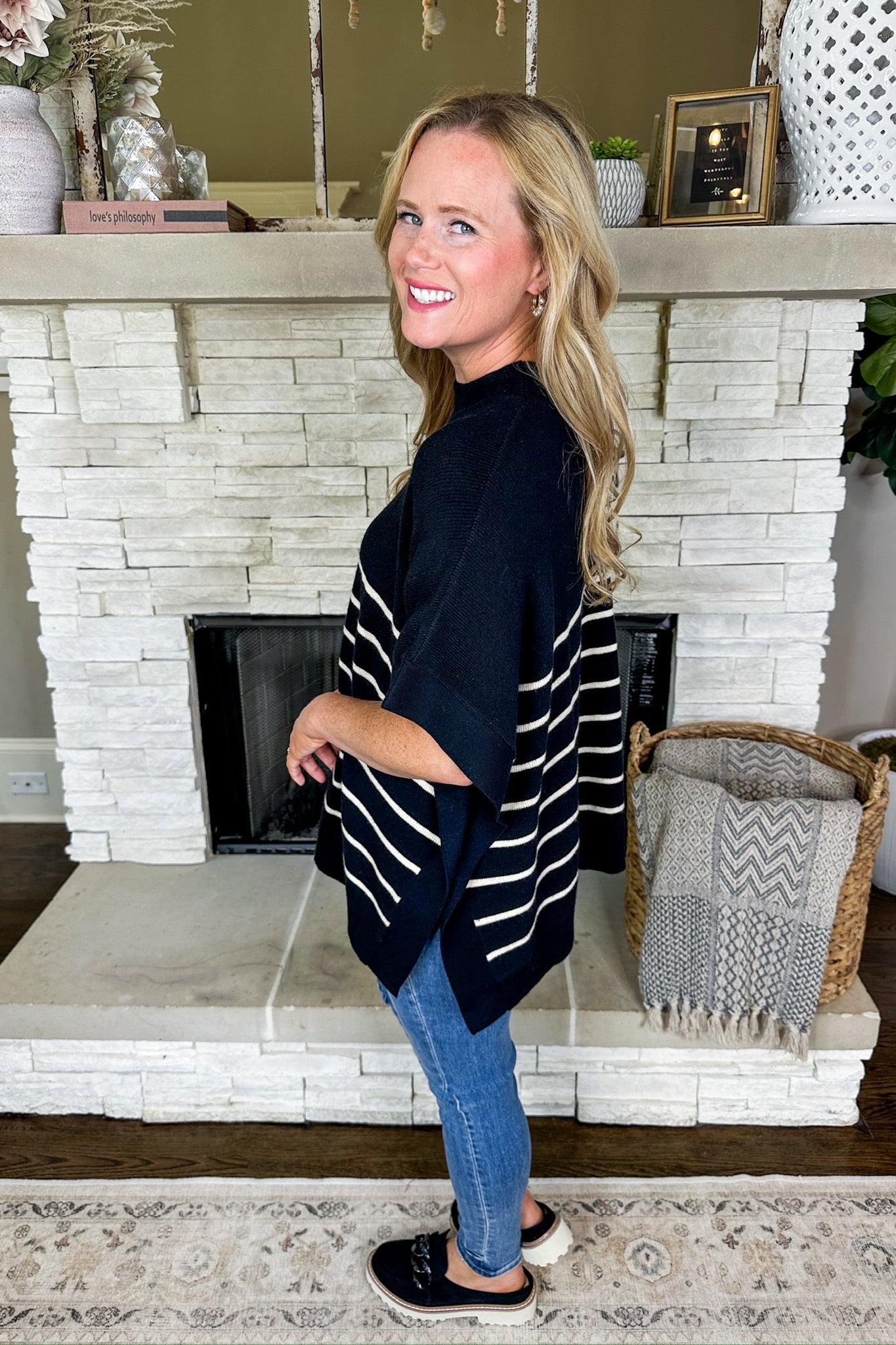 Classic Black & White Striped Viscose Poncho Top