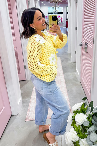 Oopsie Daisy Tie Front Crochet Cardigan in Yellow