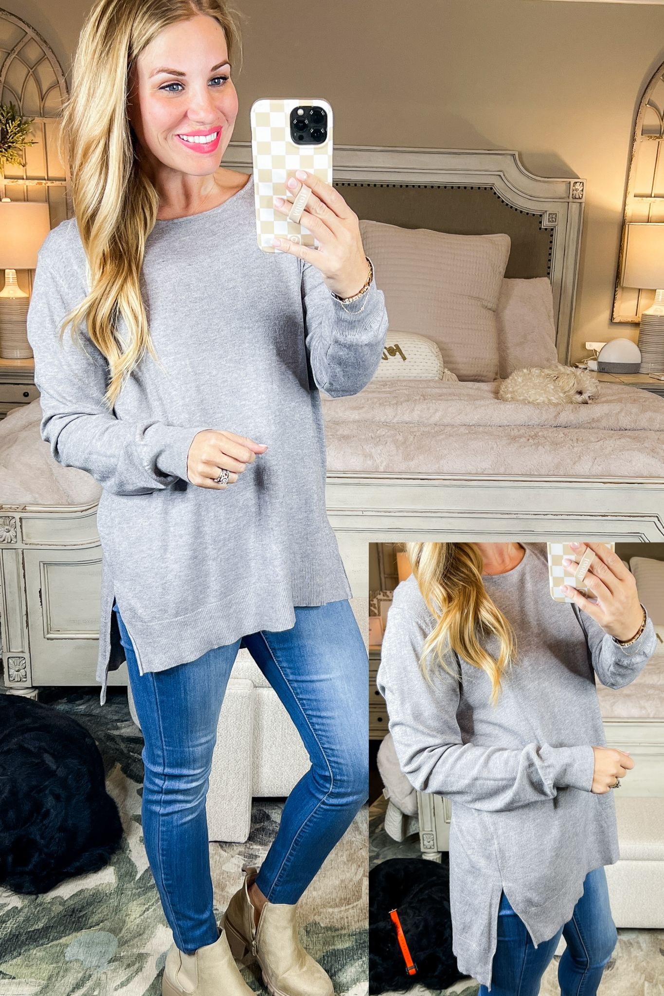 Ribbed Side Split Solid Sweater Top in Grey