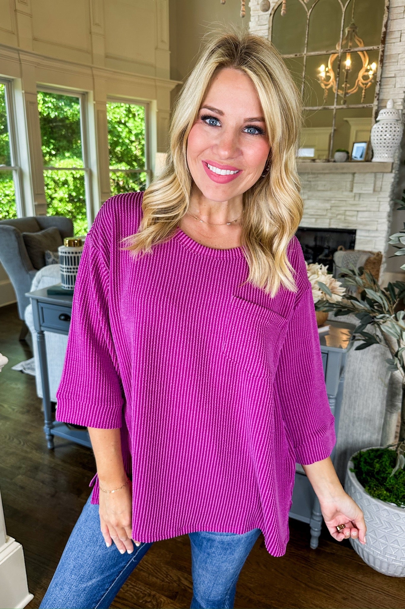 The Macy Ribbed Pocketed Three-Quarter Sleeve Top in Magenta