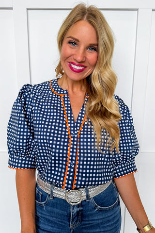The Elaine Top in Gingham Navy/Orange by Mary Square