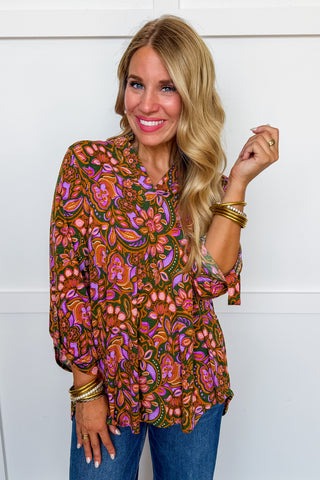 Dear Scarlett Lane Ruffle Collar Top in Olive Floral