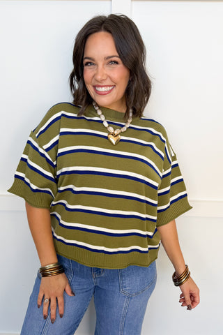 Perfectly Casual Stripe Knit Top in Olive