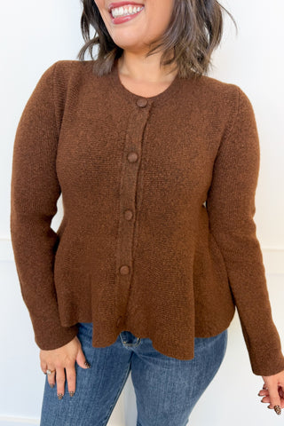 The Collins Button Front Flare Sweater in Brown