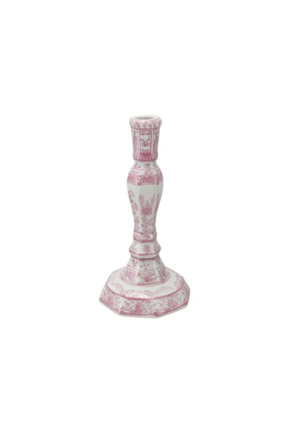 Hand-Painted Pink Toile Stoneware Taper Holder