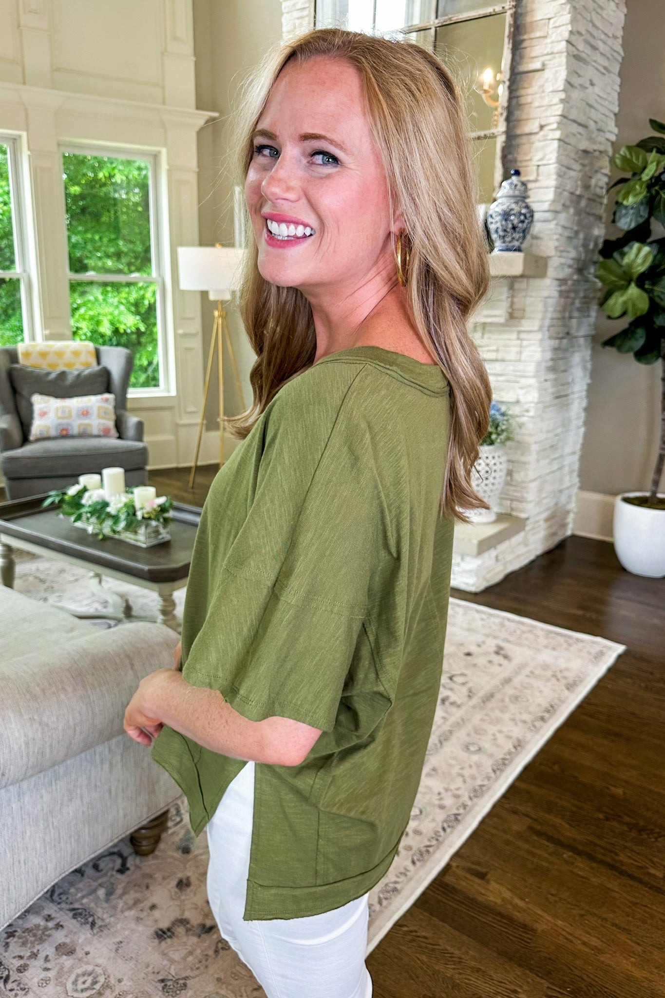 Exposed Seam Oversized V Neck Olive Top