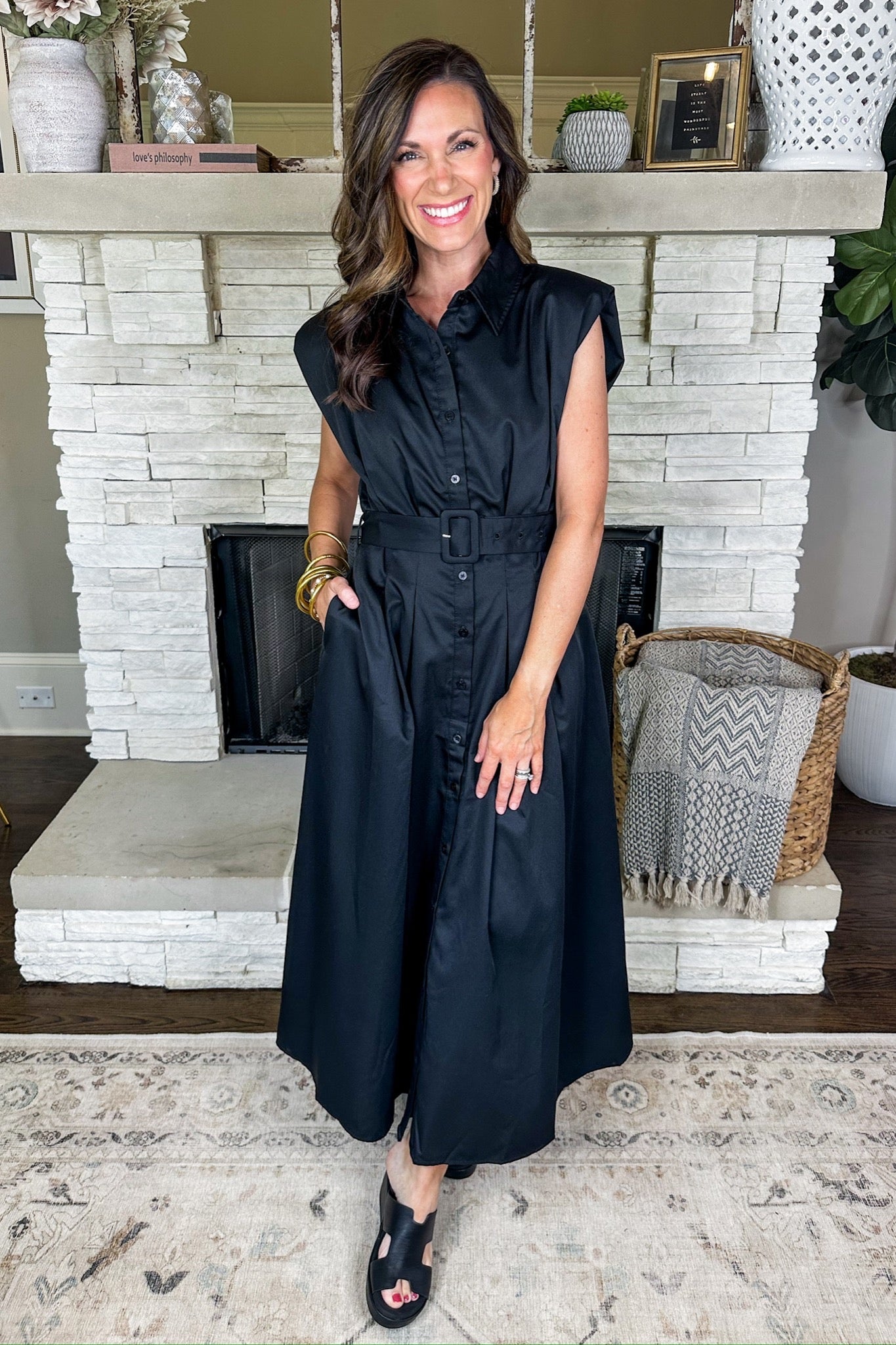 Timeless Collared Button Down Belted Waist Black Midi Dress