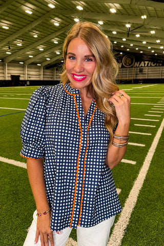 The Elaine Top in Gingham Navy/Orange by Mary Square