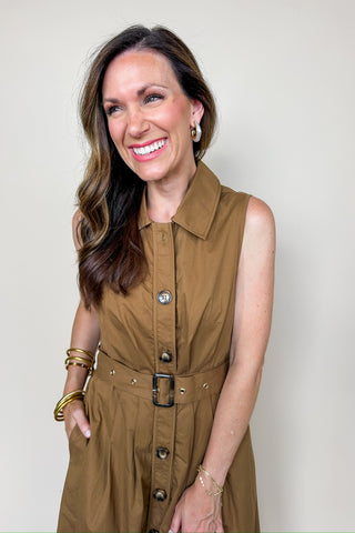 West Hollywood Dress - The Buttoned Up Belted Midi Dress In Brown