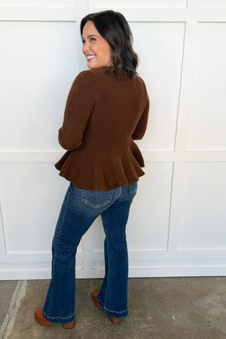 The Collins Button Front Flare Sweater in Brown