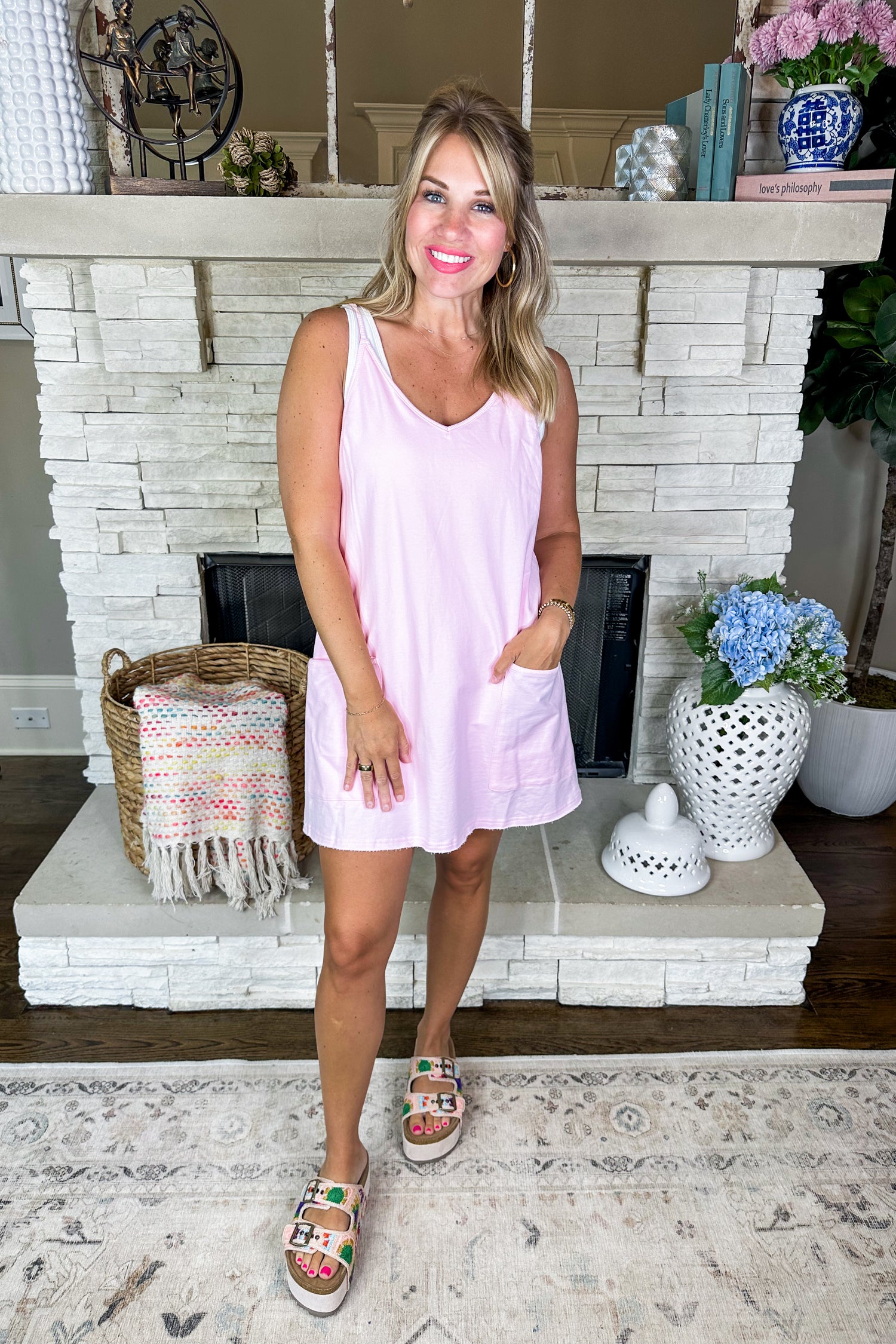 Hot Stuff Casual Overall Dress with Shorts in Pink