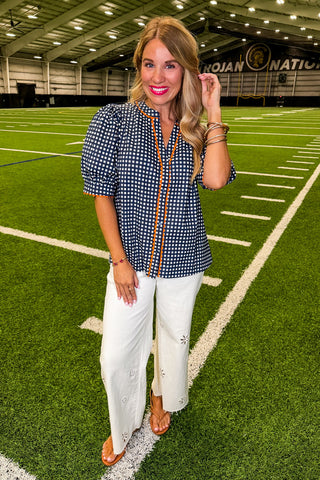 The Elaine Top in Gingham Navy/Orange by Mary Square