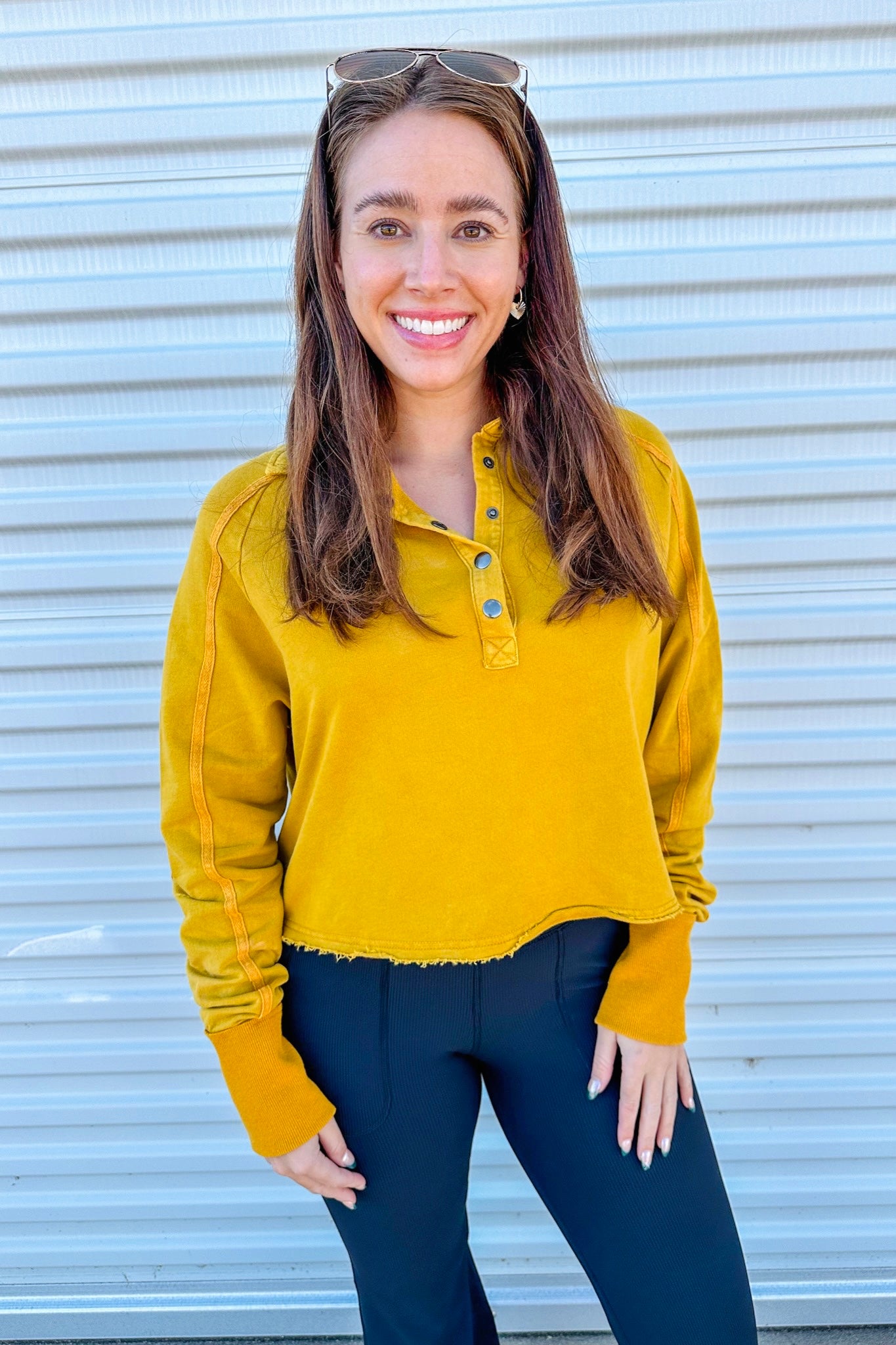 Cropped Acid Wash Button Up Top in Mustard