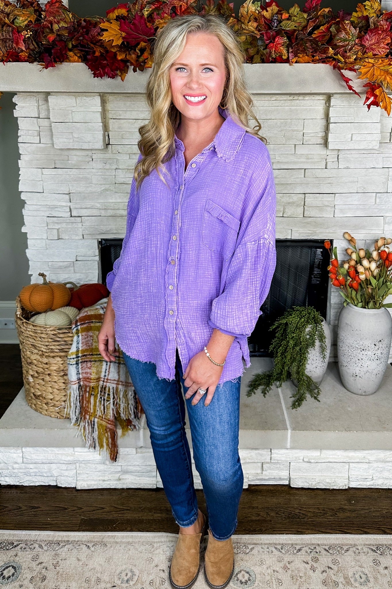 Closet Staple Mineral Wash Button Front Top in Lavender