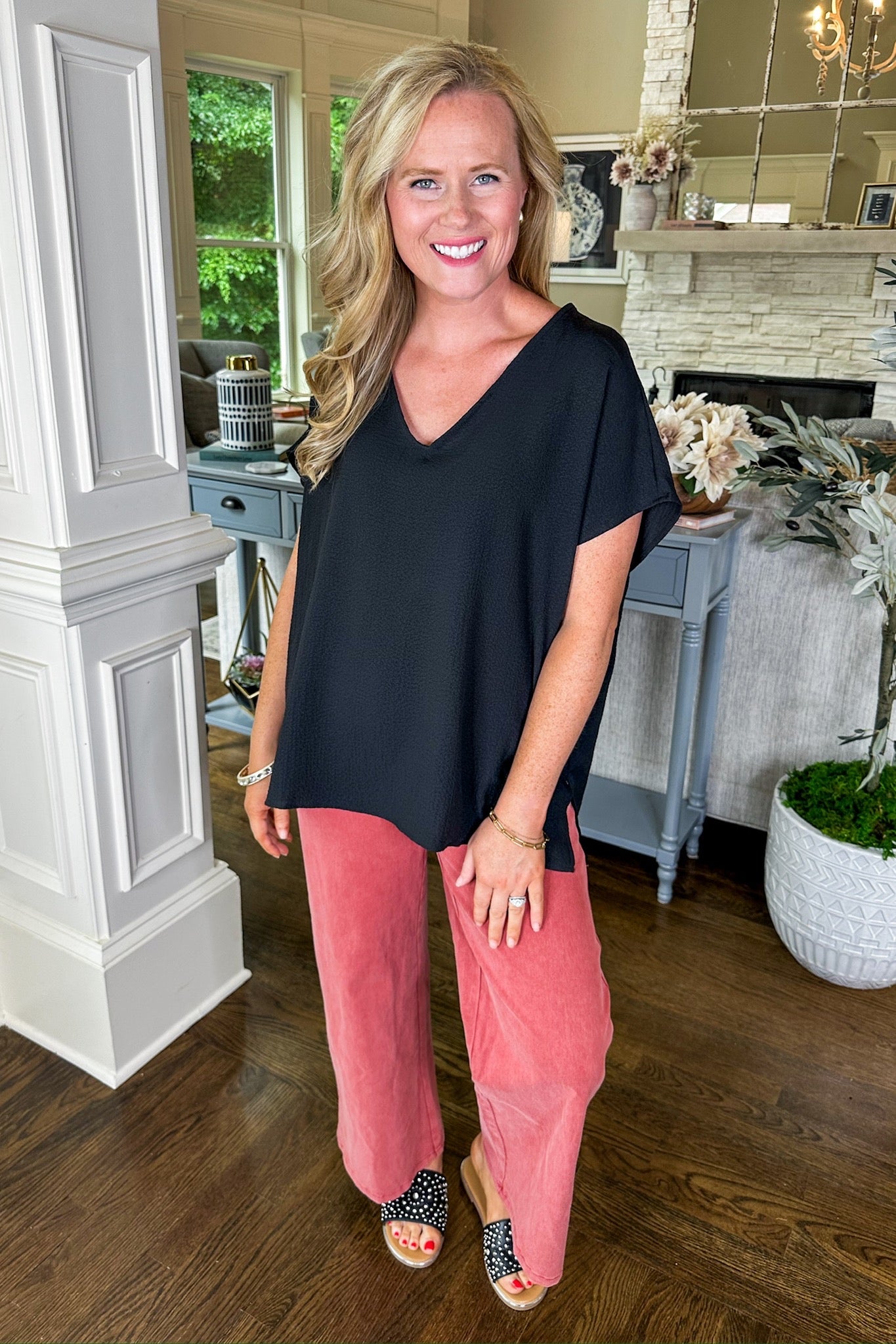 Black Friday Deal - The Whitney Textured V Neck Staple Shift Top Black