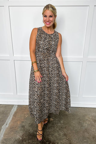 Leopard Print High Neck Poplin Midi Dress