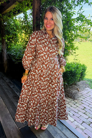Whispering Leaf Pintuck Shirt Dress in Brown