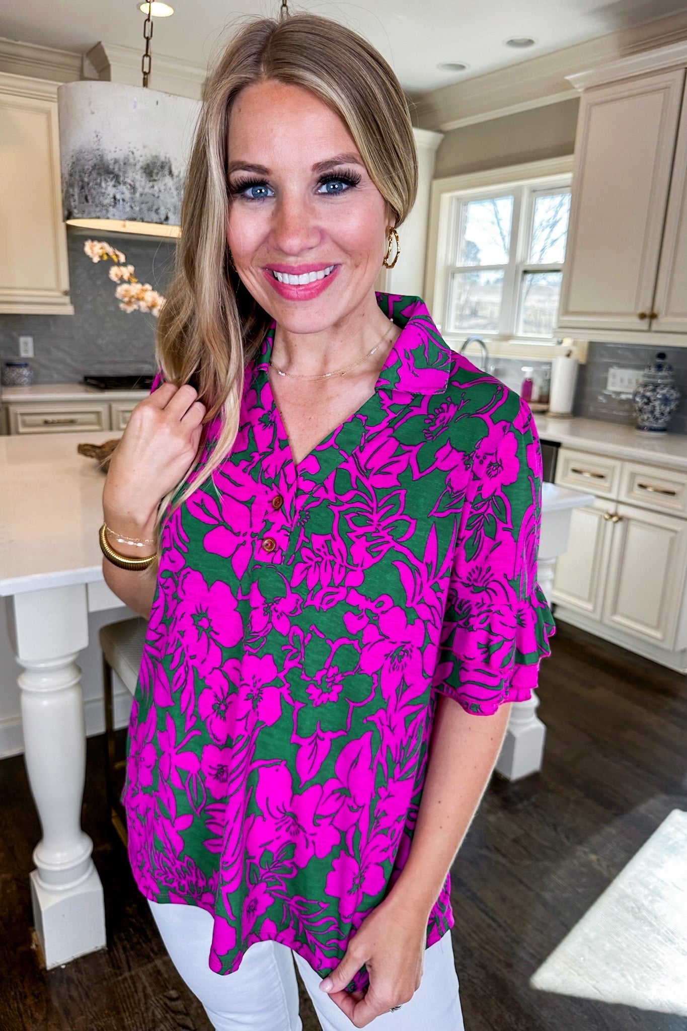 Non-Wrinkle Green Pink Floral Ruffle Sleeve Top