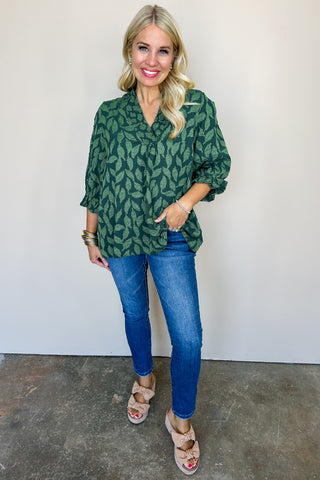 Emerald Bloom V Neck Top