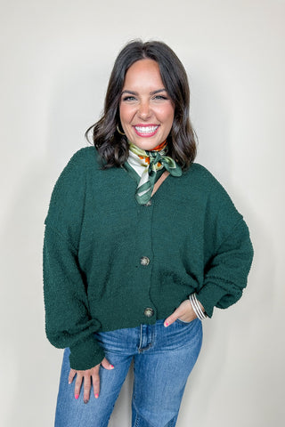 Exposed Seam V Neck Button Sweater Cardigan in Dark Green