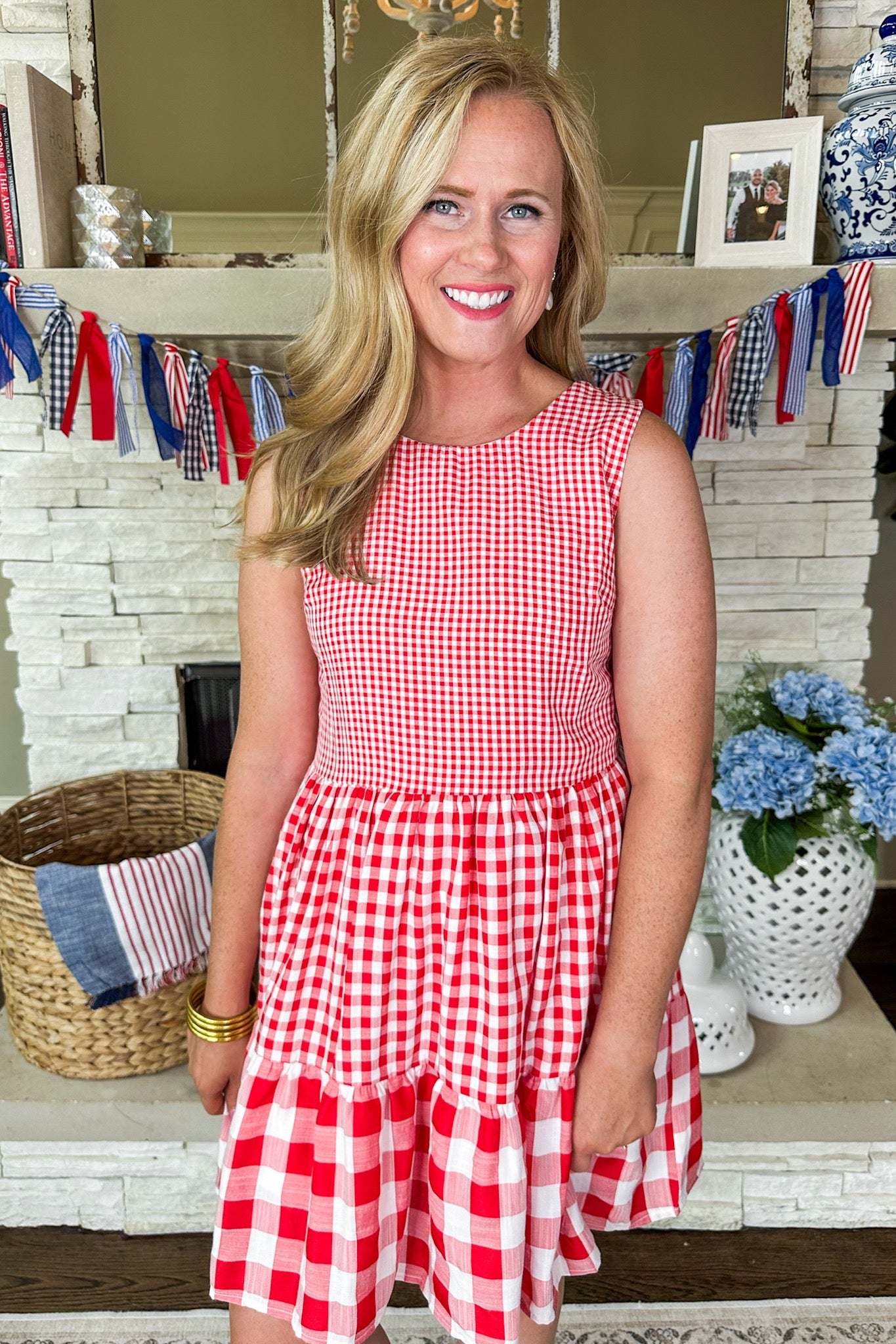 Red Gingham Print Tiered Dress