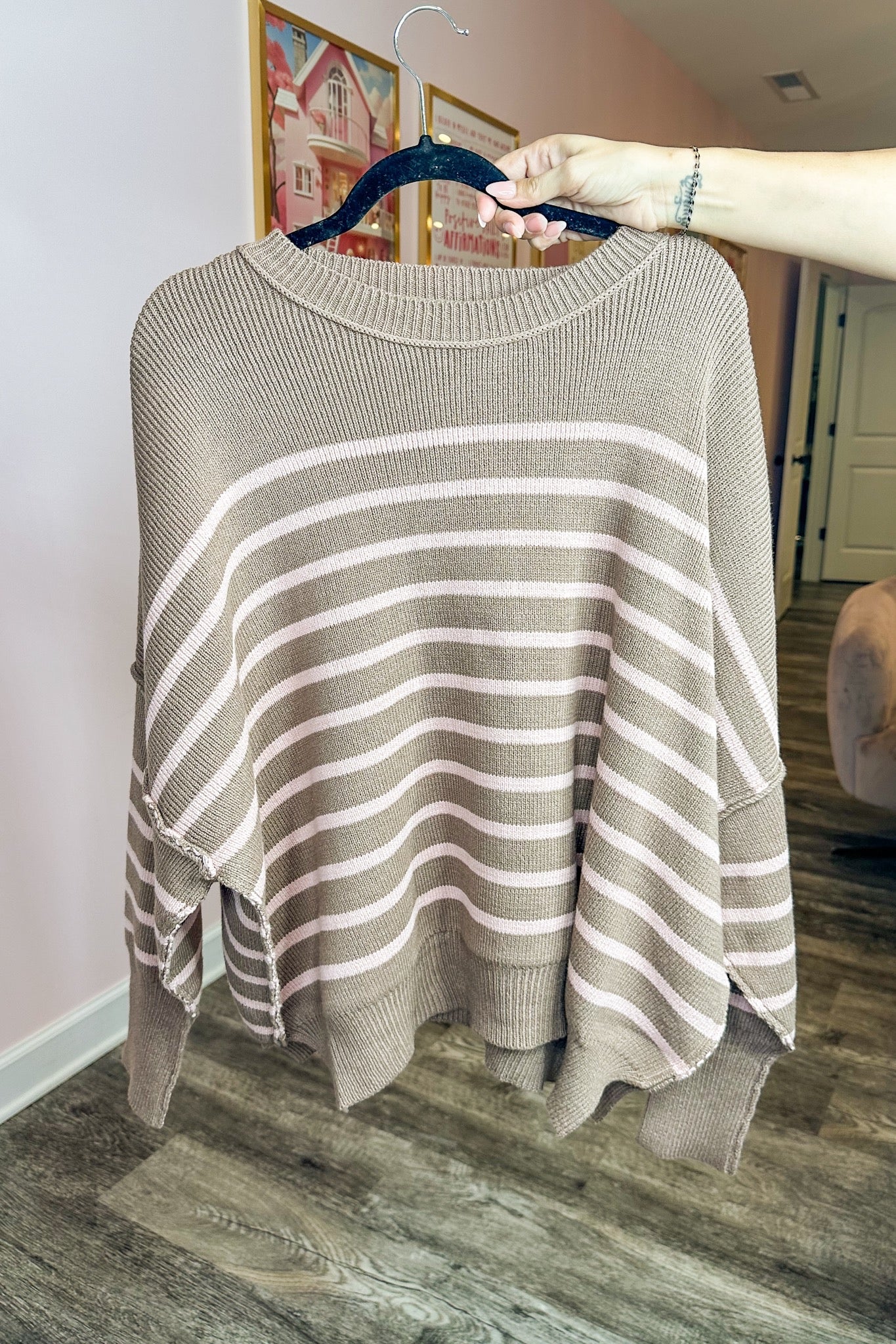 Oversized Exposed Seam Striped Sweater in Mocha