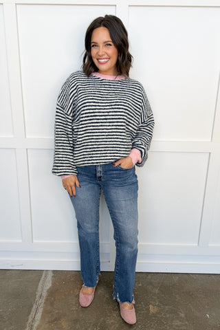 Cozy Season Stripe Knit Sweater in Navy & Pink