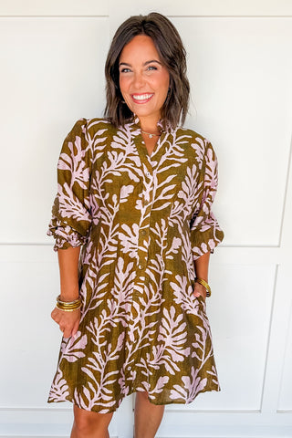 Fern Frond Print Dress in Olive