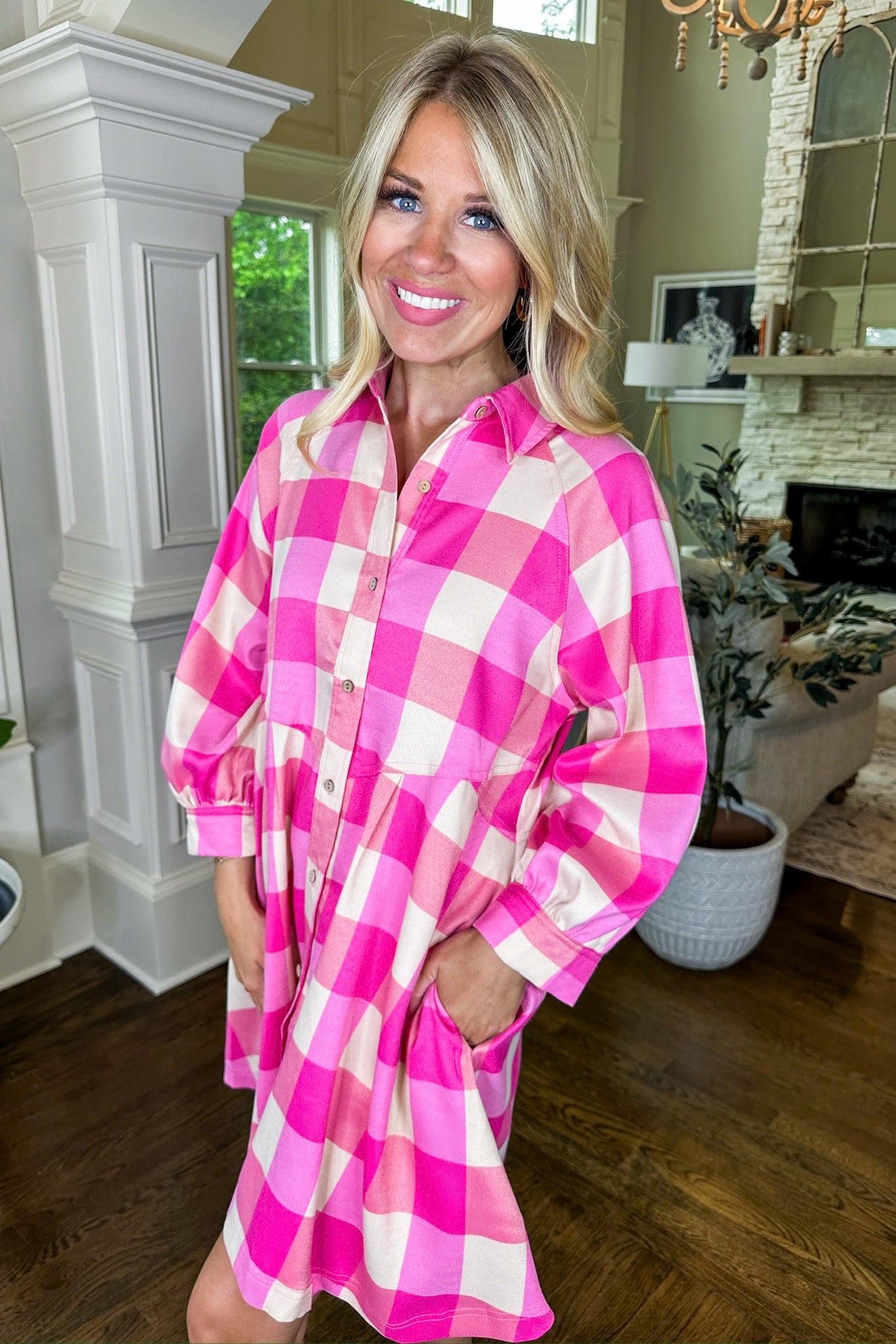 Pink White Gingham Button Down Collared Dress