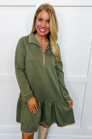 The Adriana Cheetah Trim Dress in Olive by Mary Square