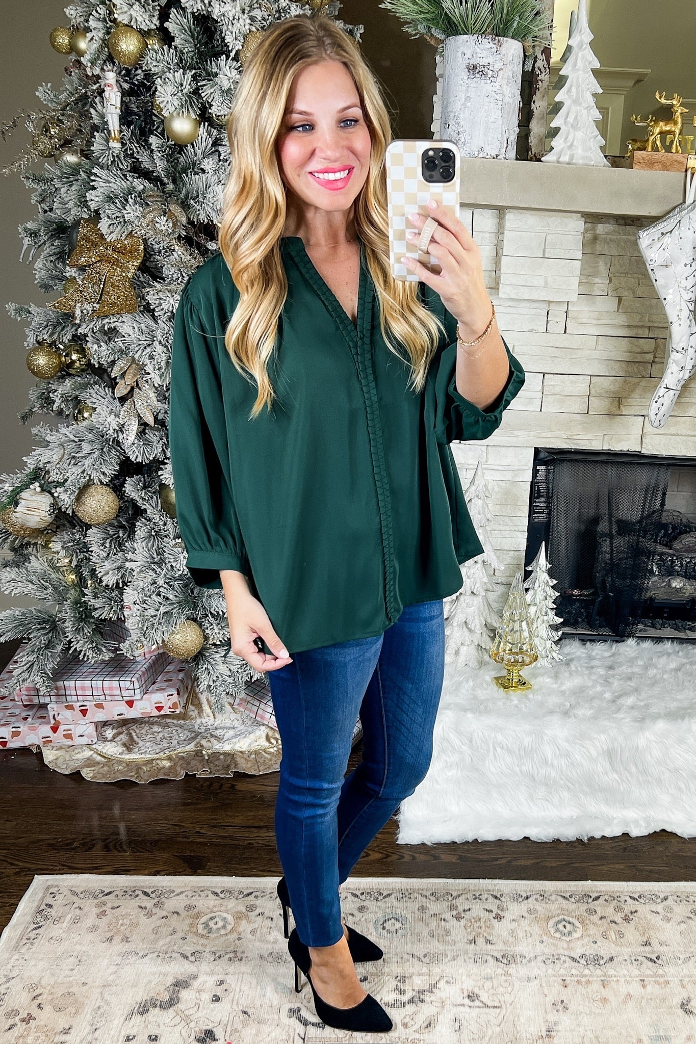 Embellished Notch Neck Three-Quarter Sleeve Top in Forest Green