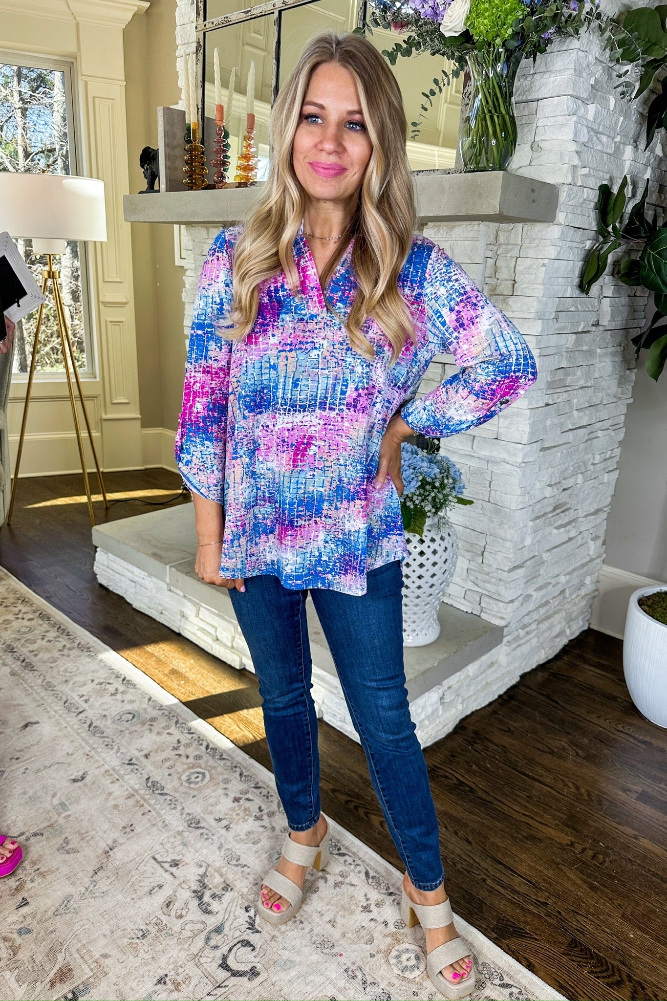 The Lizzy Top in Blue/Purple Ombre Splatter Paint Check Print – Jules ...