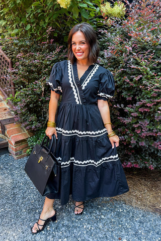Ric Rac Trim Tiered Midi Dress in Black