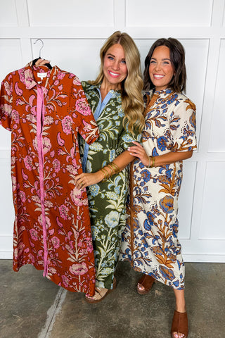 The Kayla Floral Midi Dress in Ecru